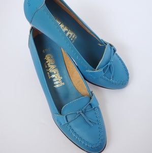 Vintage aqua blue leather pumps graffiti 6.5B